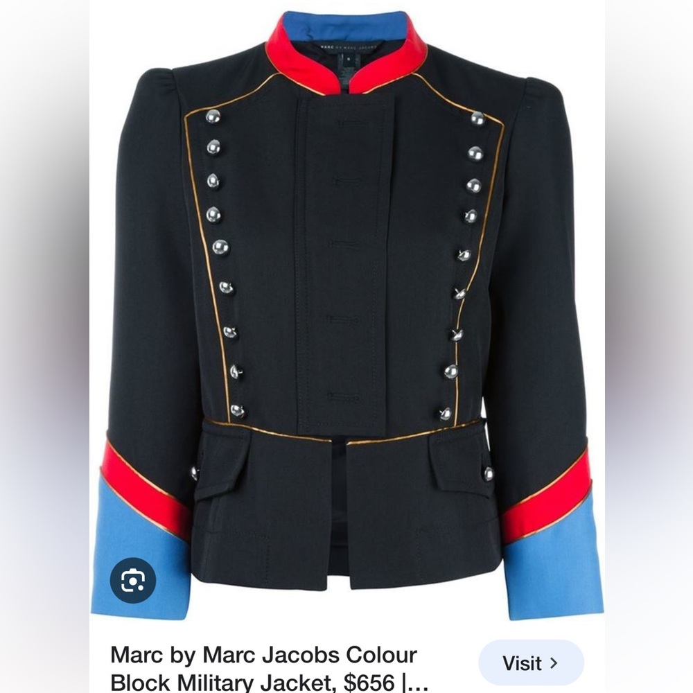 Marc Jacobs Black Military Jacket with Red and Blue Accents